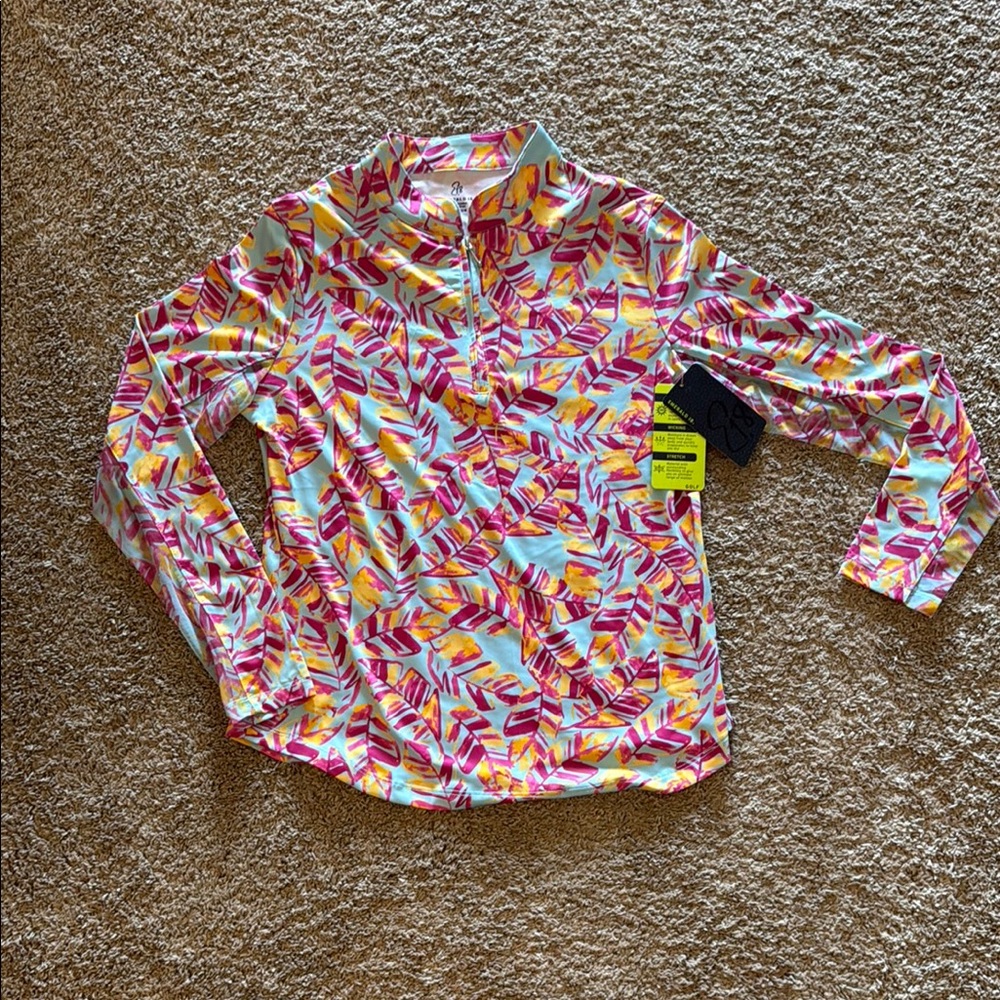 Emerald 18 Vibrant Pink & Yellow Leaf-Print Ladies Golf Quarter Zip Top